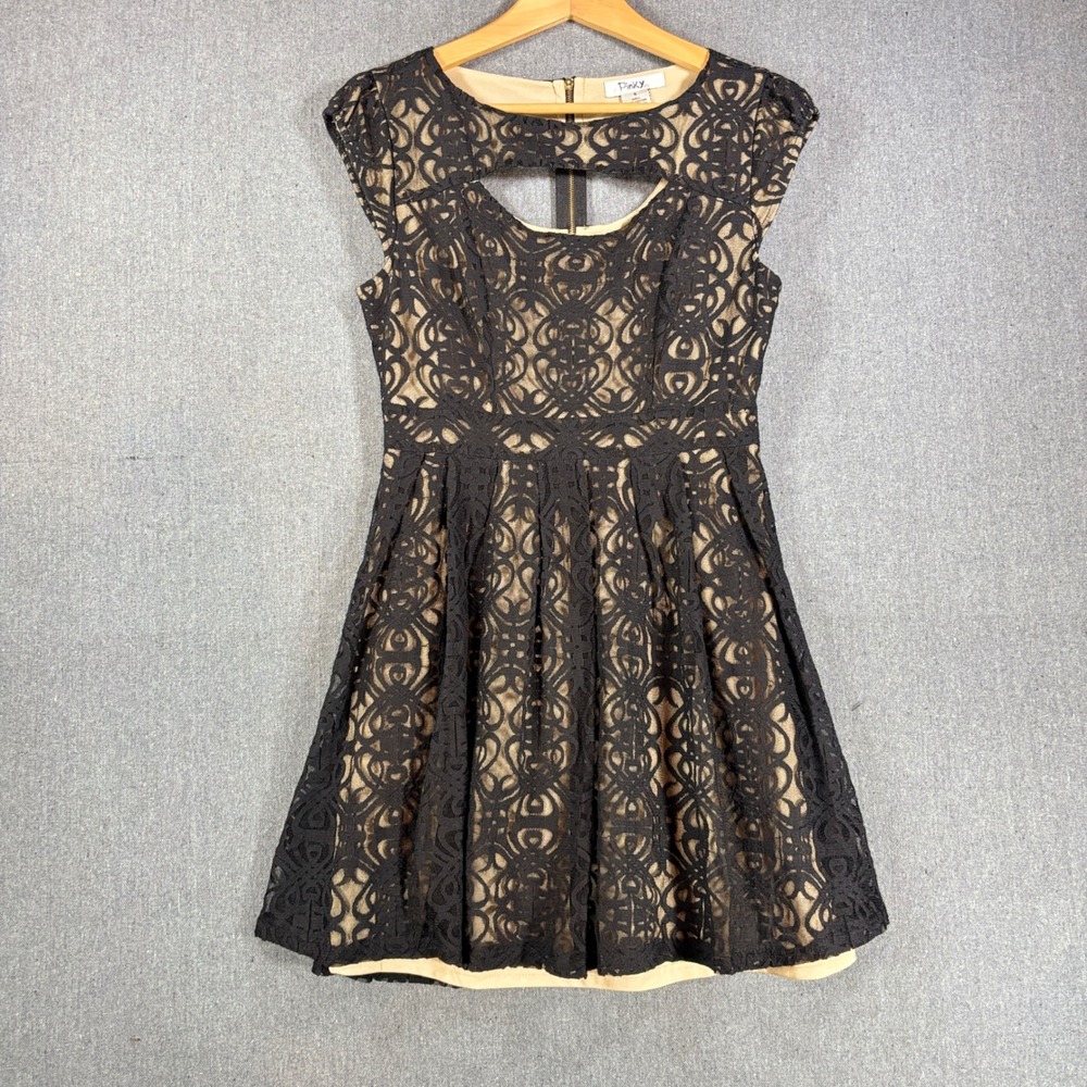 Pinky Womens Black Lace Fit and Flare Dress Nude Lining Cutout Back Small